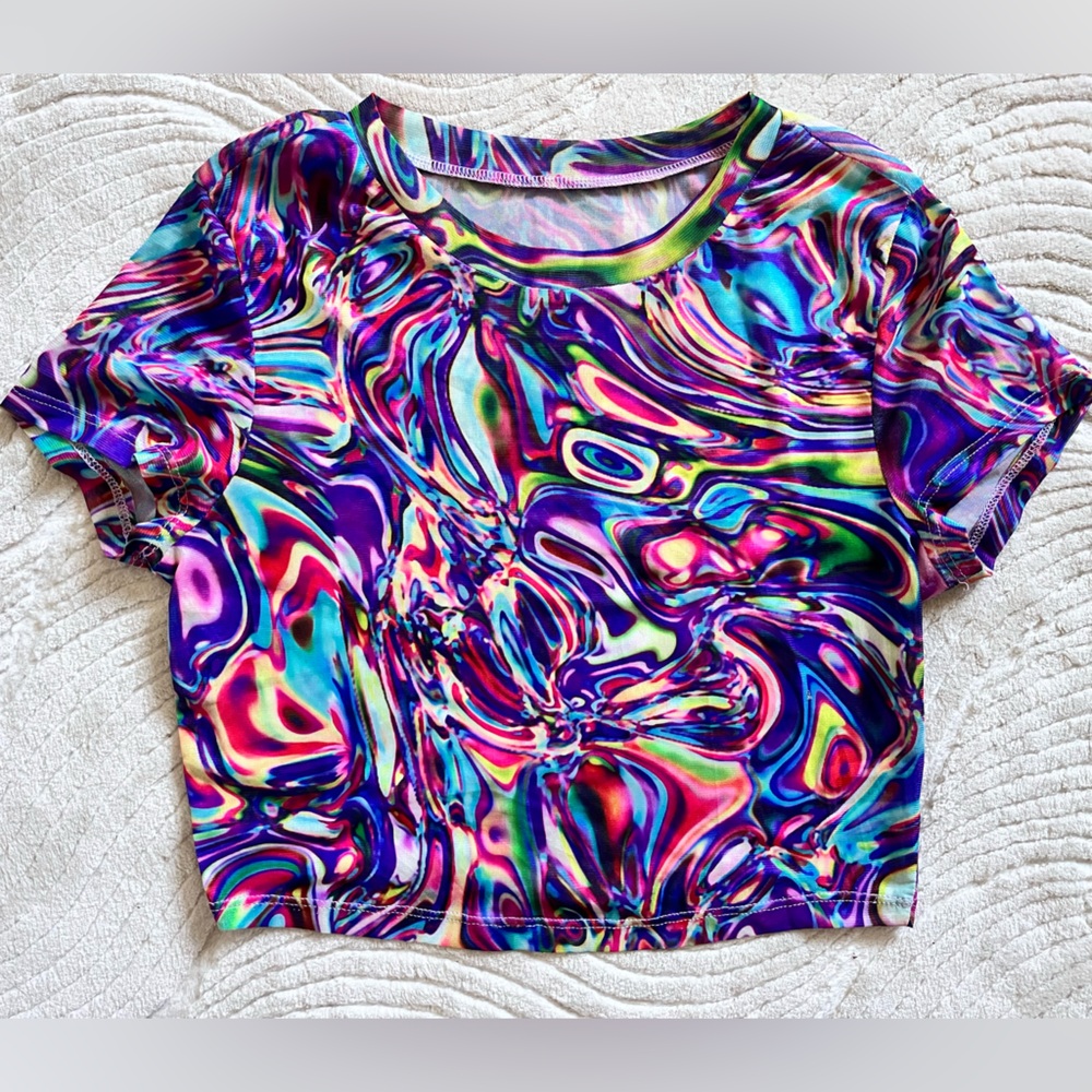 Sheer Mesh Psychedelic Oil Slick Print Crop Top